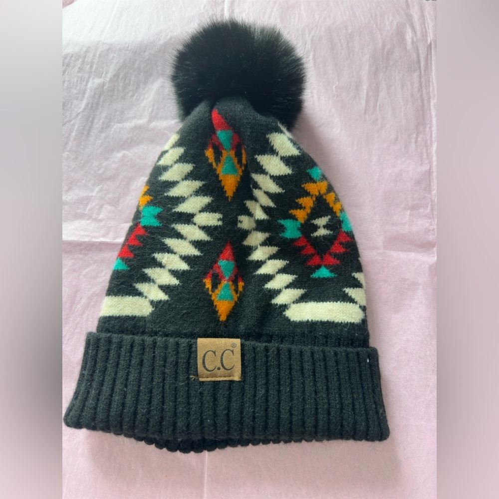 Aztec Patterned Faux Fur Pom C.C Beanie HAT